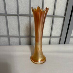 Antique Orange Marigold Iridescent Carnival Glass Bud Vase 10” - Scalloped Edge